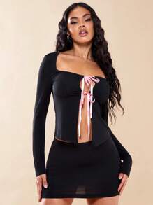 SHEIN BAE Tie Front Crop Tee - Black - View 5