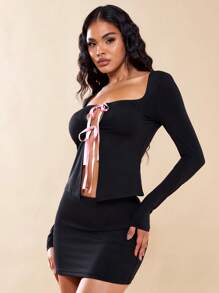 SHEIN BAE Tie Front Crop Tee - Black - View 6
