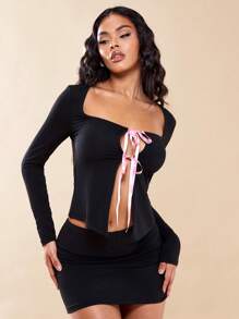 SHEIN BAE Tie Front Crop Tee - Black - View 7