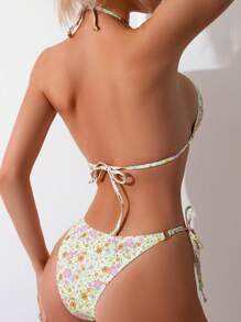Swim Mod Summer Beach Ditsy Floral Halter Triangle Bikini Set - Multicolor - View 2