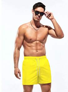 Surfspeed Men Solid Drawstring Waist Swim Trunks - Yellow - View 3