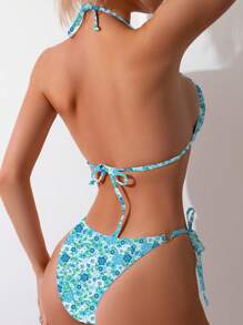 SHEIN Swim Summer Beach Ditsy Floral Print Halter Triangle Bikini Set - Blue - View 2