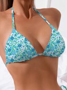 SHEIN Swim Summer Beach Ditsy Floral Print Halter Triangle Bikini Set - Blue - View 5