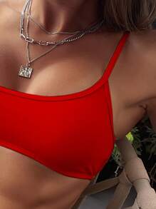 SHEIN Swim 夏季沙灘單色比基尼套裝 - 紅色 - 查看 4