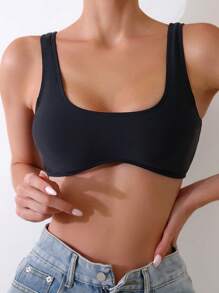 Solid Scoop Neck Bikini Top - Black - View 1