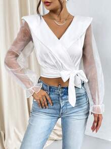 SHEIN Privé 網紗拼接喇叭袖側打結短款襯衫 - 米色 - 查看 3