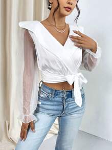 SHEIN Privé 網紗拼接喇叭袖側打結短款襯衫 - 米色 - 查看 5