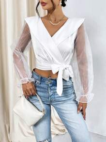 SHEIN Privé 網紗拼接喇叭袖側打結短款襯衫 - 米色 - 查看 1