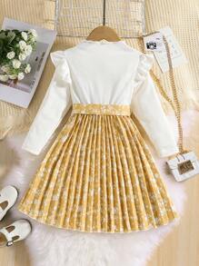 SHEIN Kleines Mädchen Kleid mit Gürtel, Blume Muster, Rüschenbesatz, Falten am Saum,