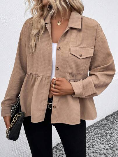 EMERY ROSE French Baby Doll Coat - Front Opening Design For Casual And Commuting, Front Pocket Youthful And Versatile Top Fall Winter Cloth For Women