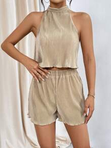SHEIN Essnce 素色掛脖上衣&短褲 - 卡其色 - 查看 5