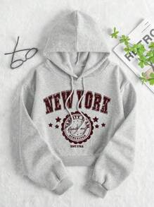 INAWLY Đồ họa Chữ cái Dây rút Lót nhiệt Hoodie - Màu Xám nhạt - Xem 1