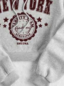INAWLY Đồ họa Chữ cái Dây rút Lót nhiệt Hoodie - Màu Xám nhạt - Xem 3