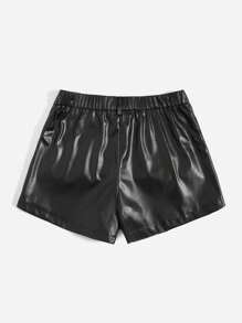 SHEIN Essnce 翻蓋口袋PU皮革短褲 - 黑色 - 查看 2