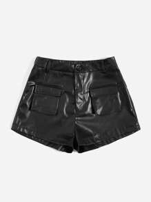SHEIN Essnce 翻蓋口袋PU皮革短褲 - 黑色 - 查看 3