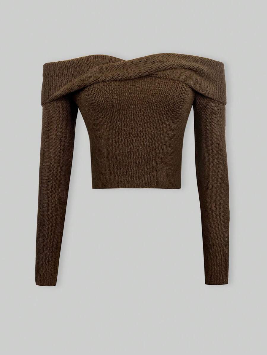 SHEIN Unity Off Shoulder Jumper - Brown - View 1