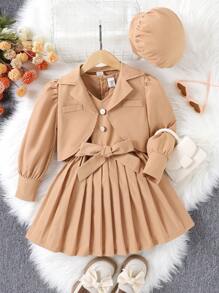 SHEIN 少女休閒簡約優雅復古連帽卡其色2入組套裝適合春秋 - 卡其色 - 查看 1