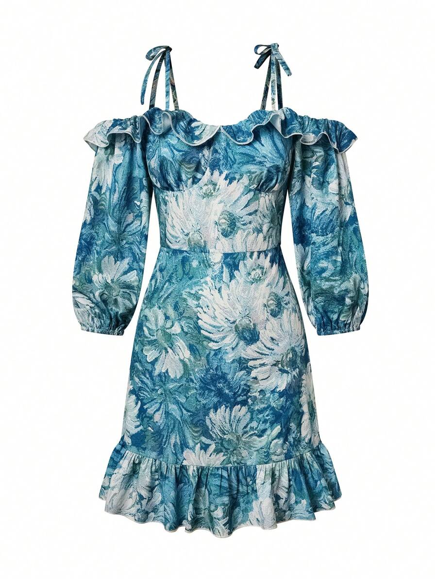 SHEIN Unity In hoa Vai lạnh Xù Hoa Sen Đầm - Màu xanh lam - Xem 1