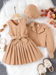 SHEIN 少女休閒簡約優雅復古連帽卡其色2入組套裝適合春秋 - 卡其色 - 查看 4