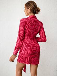 SHEIN Privé Zebra Striped Knot Front Ruched Bodycon Dress - Hot Pink - View 6