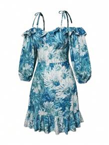 SHEIN Unity Vestido con estampado floral de hombros descubiertos bajo con fruncido