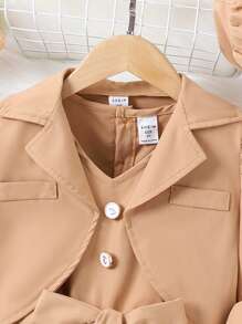 SHEIN 少女休閒簡約優雅復古連帽卡其色2入組套裝適合春秋 - 卡其色 - 查看 6