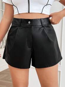 SHEIN EZwear Plus Solid PU Leather Shorts - Black - View 1