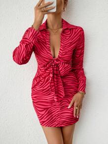 SHEIN Privé Zebra Striped Knot Front Ruched Bodycon Dress - Hot Pink - View 3
