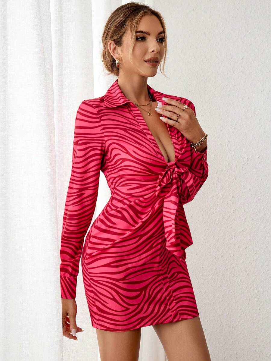 SHEIN Privé Zebra Striped Knot Front Ruched Bodycon Dress - Hot Pink - View 1