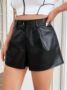 SHEIN EZwear Plus Solid PU Leather Shorts - Black - View 3