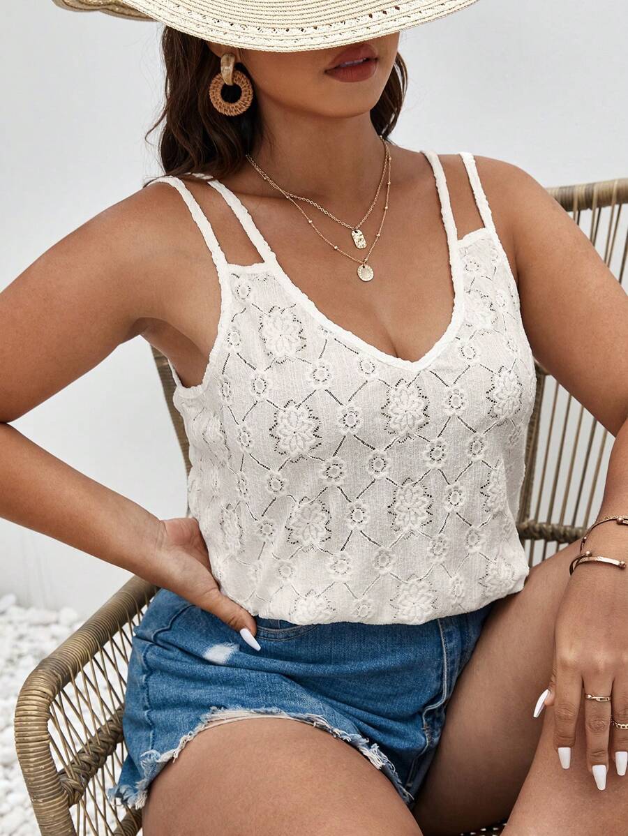 SHEIN Frenchy Plus Solid Lace Tank Top - Apricot - View 1