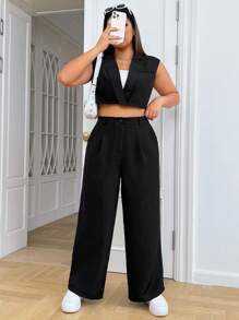 SHEIN X Galloways Plus Lapel Neck Crop Vest Blazer & Wide Leg Pants