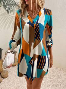 SHEIN LUNE 幾何印花捲邊袖直筒連衣裙 - 彩色 - 查看 1