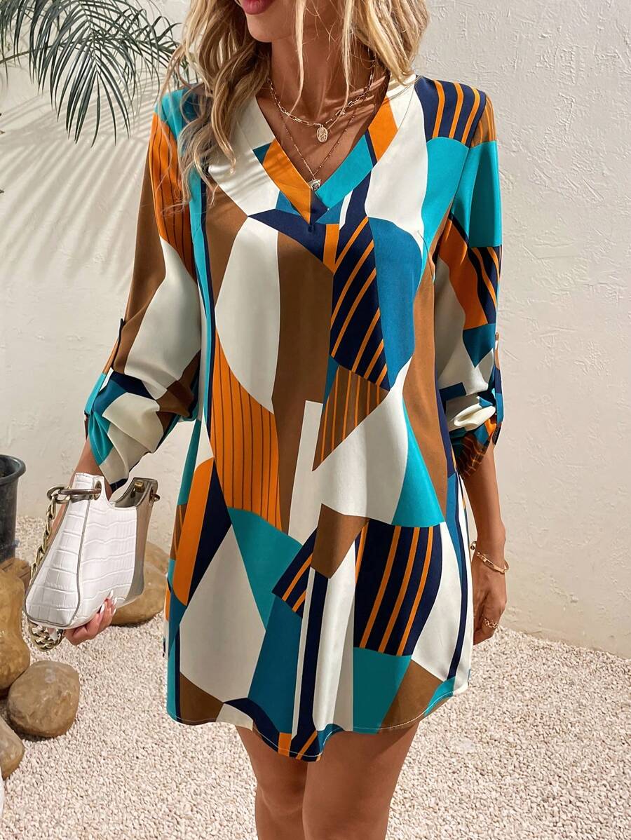 SHEIN LUNE 幾何印花捲邊袖直筒連衣裙 - 彩色 - 查看 1