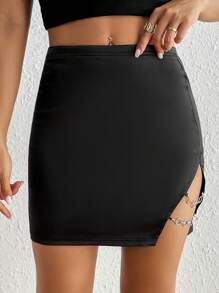 SHEIN PETITE Chain Detail Split Hem Satin Bodycon Skirt - Black - View 1