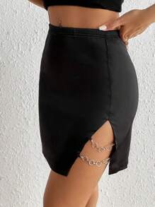SHEIN PETITE Chain Detail Split Hem Satin Bodycon Skirt - Black - View 4
