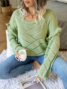 Calvaya Hơn Viền Ruffle Thả vai Dệt kim chấm bi Áo len - màu xanh lá - Xem 5