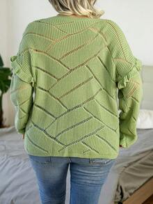 Calvaya Hơn Viền Ruffle Thả vai Dệt kim chấm bi Áo len - màu xanh lá - Xem 2