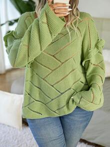 Calvaya Hơn Viền Ruffle Thả vai Dệt kim chấm bi Áo len - màu xanh lá - Xem 4