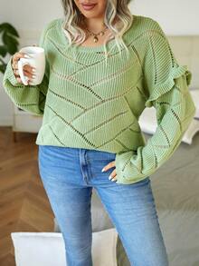 Calvaya Hơn Viền Ruffle Thả vai Dệt kim chấm bi Áo len - màu xanh lá - Xem 3