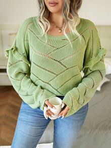 Calvaya Hơn Viền Ruffle Thả vai Dệt kim chấm bi Áo len - màu xanh lá - Xem 6