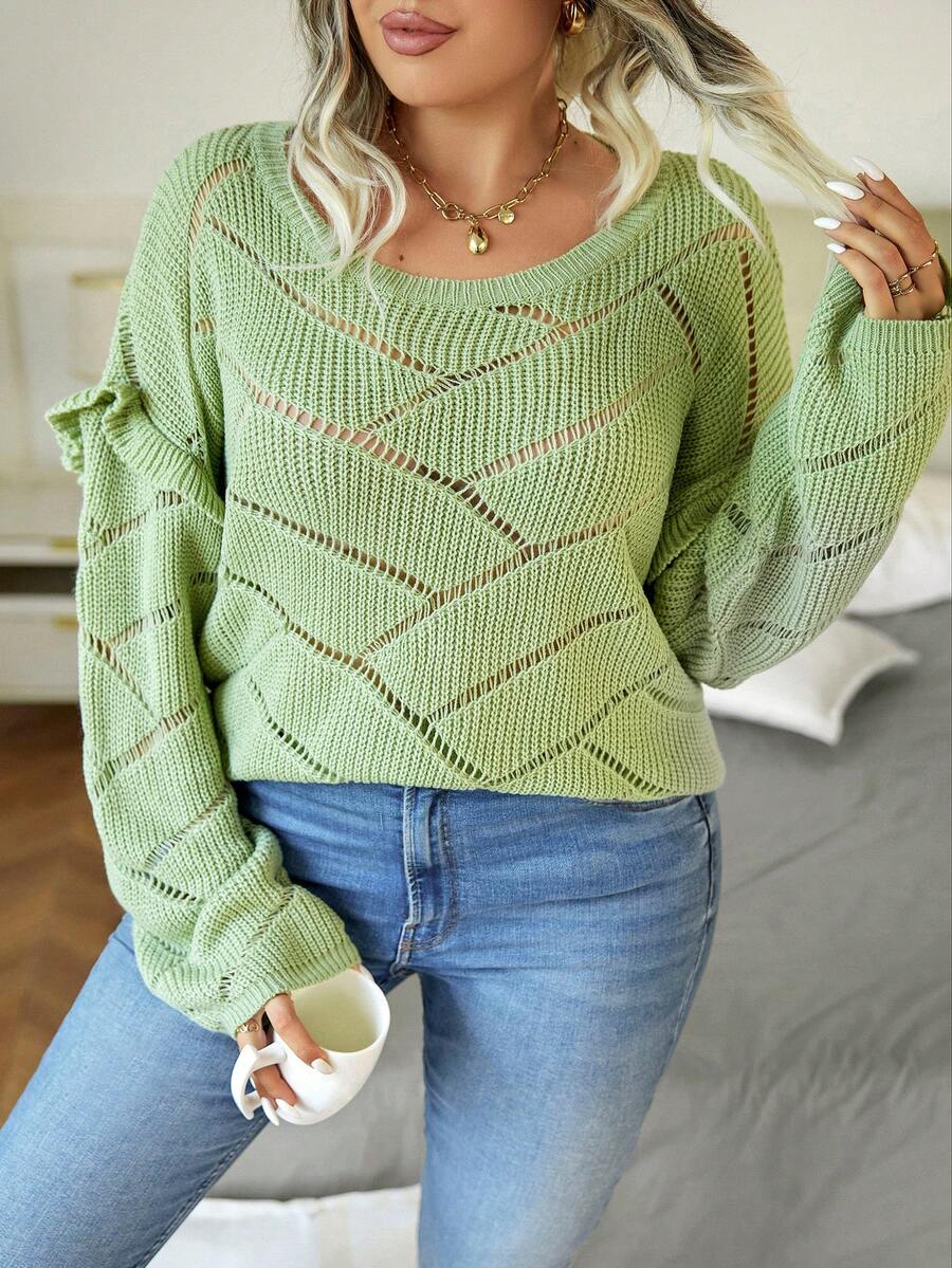 Calvaya Hơn Viền Ruffle Thả vai Dệt kim chấm bi Áo len - màu xanh lá - Xem 1