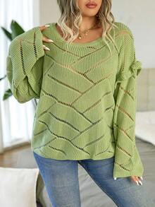 Calvaya Hơn Viền Ruffle Thả vai Dệt kim chấm bi Áo len - màu xanh lá - Xem 7