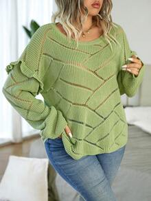 Calvaya Hơn Viền Ruffle Thả vai Dệt kim chấm bi Áo len - màu xanh lá - Xem 8