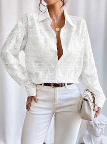 SHEIN Privé 提花落肩袖前紐扣襯衫 - 白色 - 查看 1