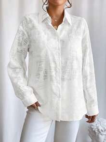 SHEIN Privé 提花落肩袖前紐扣襯衫 - 白色 - 查看 4