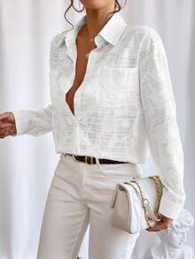 SHEIN Privé 提花落肩袖前紐扣襯衫 - 白色 - 查看 5