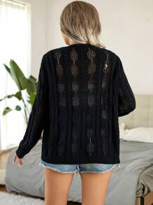 Calvaya 大碼網眼針織落肩袖開襟衫 - 黑色 - 查看 2