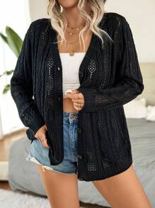 Calvaya 大碼網眼針織落肩袖開襟衫 - 黑色 - 查看 3