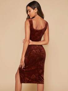 SHEIN Clasi Hoa Dệt hoa Cổ vuông Tách đùi Nhung Đầm - Rỉ Nâu - Xem 2